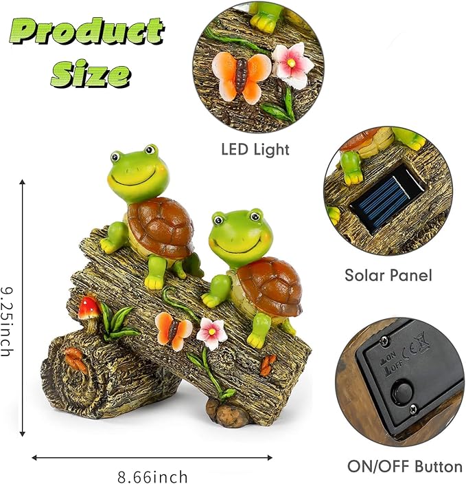 Garden Turtle Figurines Outdoor Decorations, Solar Powered Sweet Frog Face Turtles Resin Statue with 4 LED Lights, Garden Art Spring Fall Winter Christmas Decor for Patio Lawn Yard