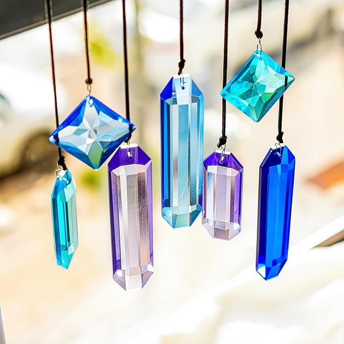 HDCRYSTALGIFTS Crystal Prisms Sun Catchers, 7PCS Blue Dreams Suncatcher Hanging Kit Rainbow Maker Pendant Ornaments for Indoor Window Outdoor Garden Christmas Tree Decor