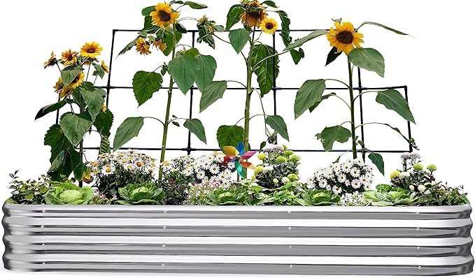 KING BIRD Raised Garden Bed with Wall Trellis Galvanized Planter Garden Box Outdoor for Gardening, Climbing Vegetables, Flowers 7.87x3.94x0.98 Ft, Silver