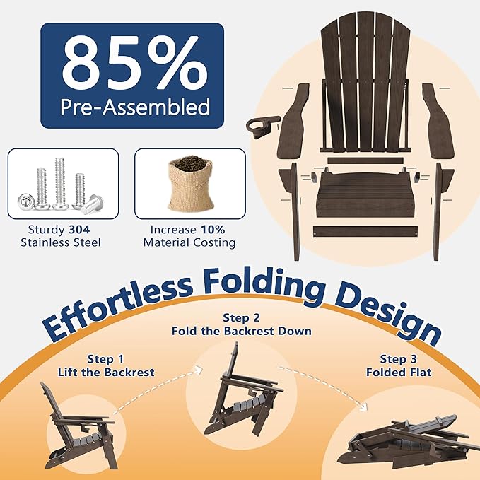 Folding Adirondack Chair Set of 4 with Cup Holder, HDPE All Weather Resistant Plastic Outdoor Patio Chairs, Heavy Duty Fire Pit Seating for Backyard Lawn Garden, Wooden Textured Design(Coffee)