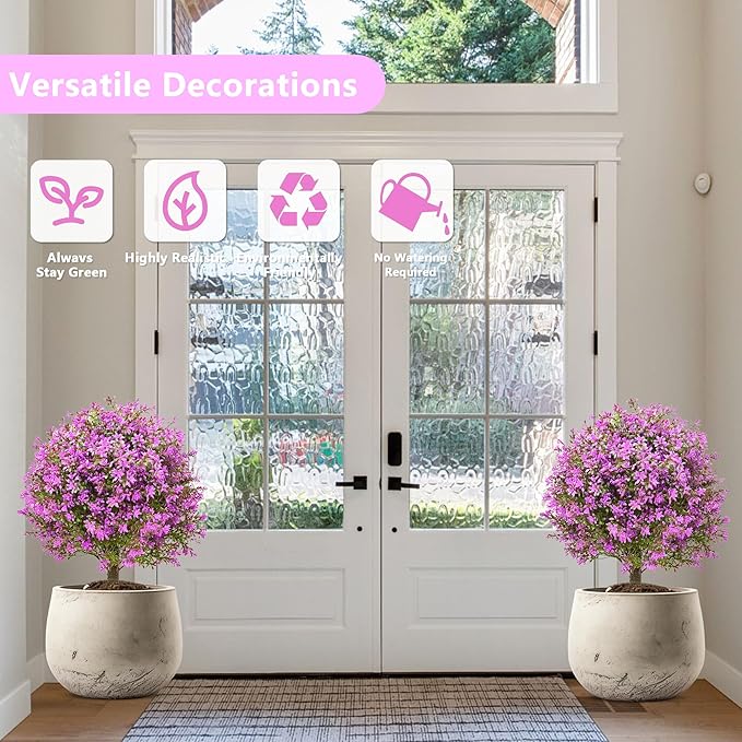 28" Artificial Boxwood Topiary Tree Purple, Set of 2 UV Resistant Fake Evergreen Shrubs Bushes with Ground Spike, Realistic Plants for Outdoor Indoor Front Porch Garden Home Decor