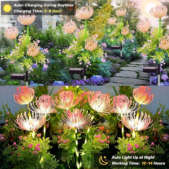 Solar Garden Lights Outdoor, 4 Pack Solar Flowers Lights,12 Head Waterproof Flower with Glowing Stems, Outdoor Solar Light for Yard, Pathway, Garden Decor & Gardening Gift