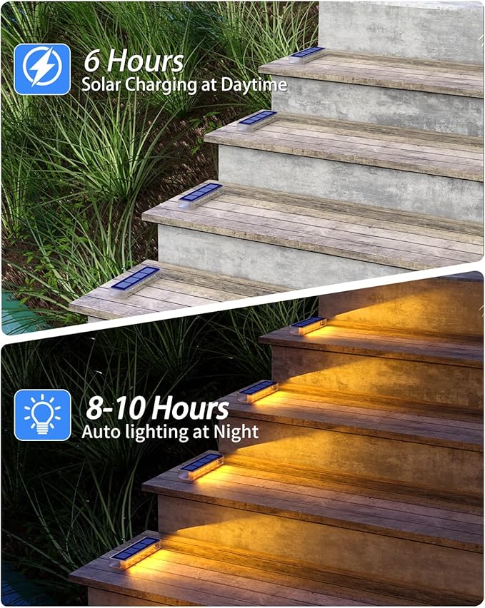 Solar Step Lights for Outside,4 Pack Solar Stair Lights Outdoor Waterproof,Warm White Deck Light Solar Powered Waterproof for Steps,Stairs,Walkway,Sidewalk,Patio,Pathway