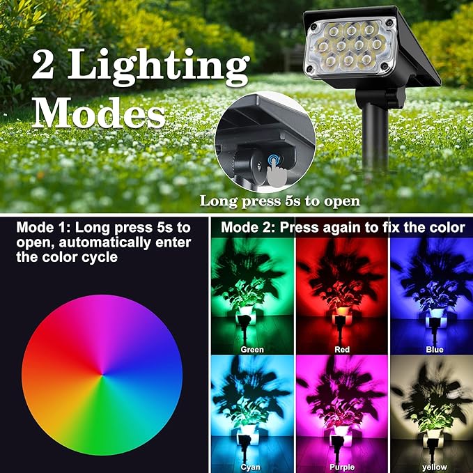Solar Spot Lights Outdoor Color Changing, IP65 Waterproof RGB Lights, Auto On/Off Solar Landscape Spotlights with 10 LEDs for Garden Pathway Yard Holiday Decoration, 4 Pack
