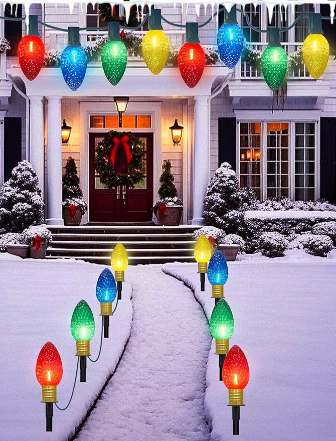 Jumbo C9 Christmas Pathway Lights Outdoor, 2 Pack 7FT Christmas Yard Decorations with 8 Jumbo C9 LED Strawberry Multicolor Bulbs Christmas Walkway Lights for Outside Holiday Lawn Garden Driveway Decor