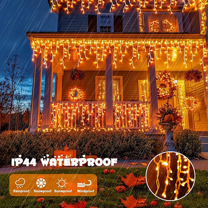 JMEXSUSS 800 LED Thanksgiving Icicle Lights for Outside, Orange Icicle Lights Outdoor with Remote, Thanksgiving String Lights Indoor Plug in for Fireplace Indoor House Roof Thanksgiving Decor