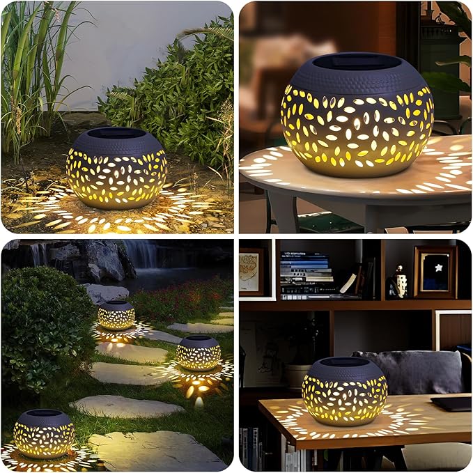 Solar Lantern Outdoor Table Light,2 Pack Solar Lanterns Outdoor Waterproof Decor, Hollow Out Retro White Metal Solar Patio Lights,Yard Porch Garden Balcony Indoor Desk Bedroom Tabletop Decorations