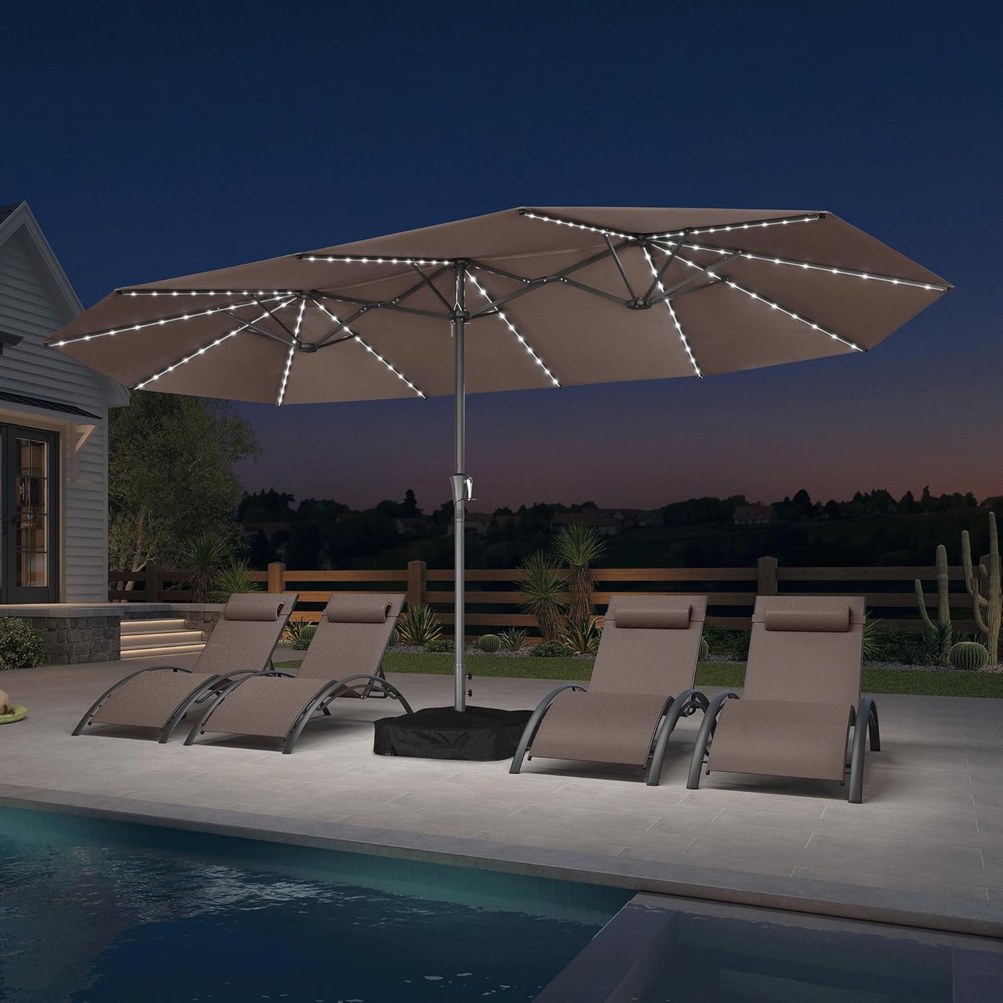 PURPLE LEAF 15ft Double-Side Patio Umbrella with Base and Solar Lights Outdoor Market Umbrella with Crank Handle Rectangle Umbrella for Backyard Pool Garden Deck, Taupe