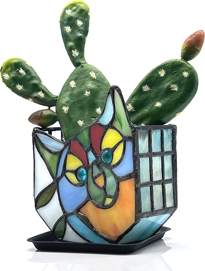 Tiffany Style Cute Cat Face Design Small Flower Pot, Unique Stained Glass Cat Planter, Tiltable Cat Decorative Flower Pot, Fun Peek-A-Boo Terrarium Decoration, Gift for Plant Women