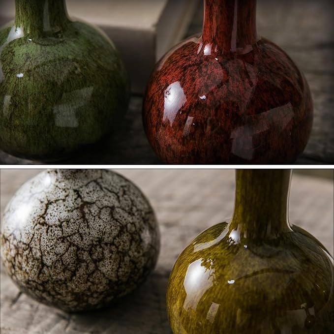 JOJUNO Glazed Rustic Bud Vase Set of 4 - Small Ceramic Mini Pottery Vases in White, Yellow, Green, Red - Ideal for Fresh & Dried Flowers - Modern Farmhouse Décor for Living Room, Shelves, Dining Table