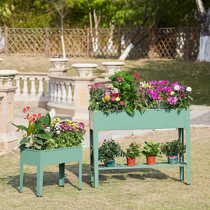 Raised Garden Bed, Elevated Planter Green Metal Plant Box with Legs Standing Garden Stand Drainage Holes Green (Green 40" L x 11" W x 31" H)