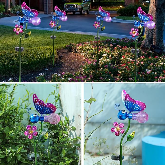 VCUTEKA Solar Garden Lights Metal Flower Decor Colorful Solar Pathway Light with LED Cracked Crystal Ball Outdoor Decorative Stake for Patio Yard Lawn Garden Decor (Purple)