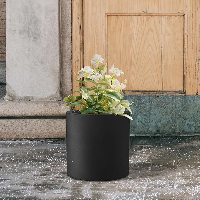 Kante 9.8" Dia Round Concrete Planter, Modern Style Large Cylindrical Plant Pot with Drainage Hole and Rubber Plug for Indoor Outdoor Patio, Black