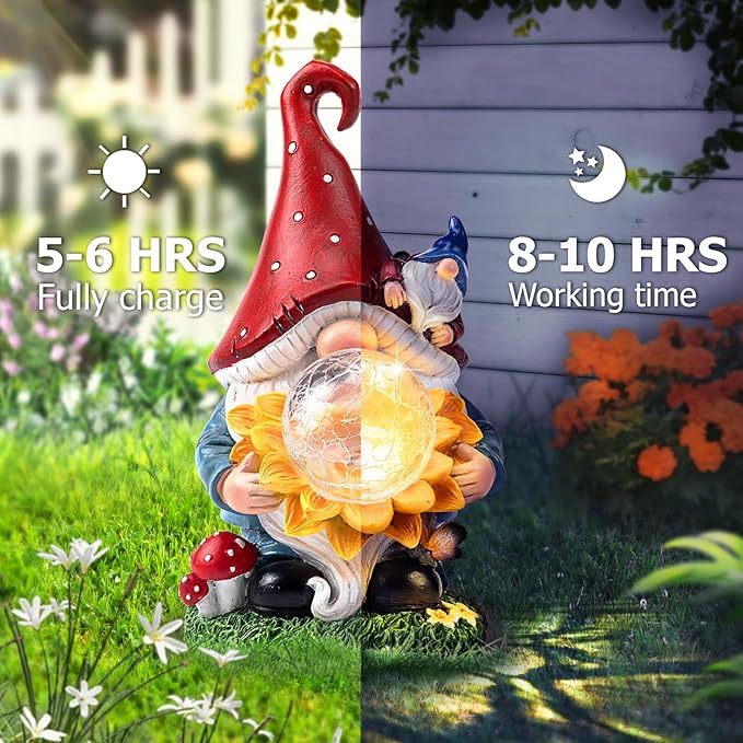 Solar Garden Decor Gnome Statues with Sunflower and Crackle Glass Globe Lights Gnome Outdoor Decorations for Garden Yard Patio Lawn, Unique Housewarming Gifts