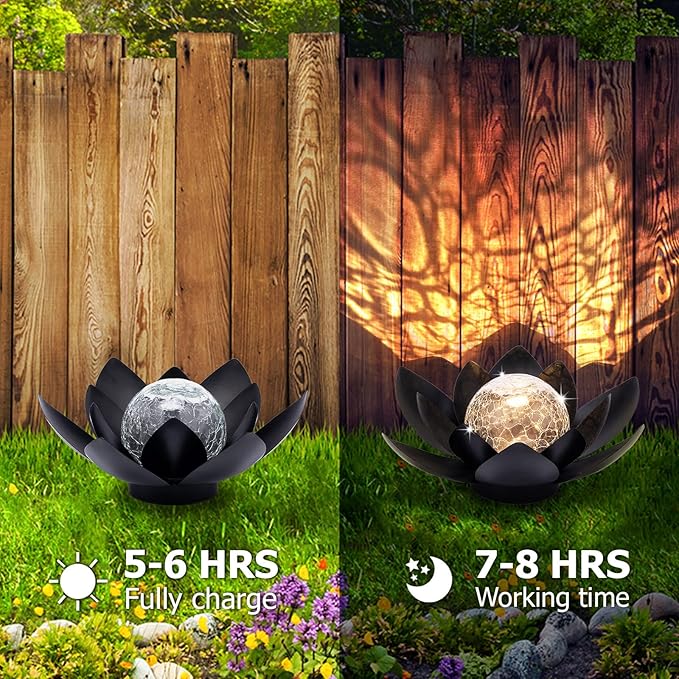 Huaxu Solar Lights Outdoor Garden Decor Metal Black Lotus Decoration, Crackle Globe Glass Waterproof LED Outside Table Lamp for Patio,Lawn, Yard,Walkway,Tabletop,Ground Gifts for Mom