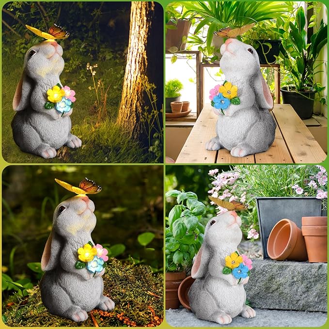 SIX FOXES Solar Garden Rabbit Statues Light - Easter Bunny Decor for Garden, Lawn, Patio, Balcony, Yard Ornament, Gifts for Kids, Women, Mom