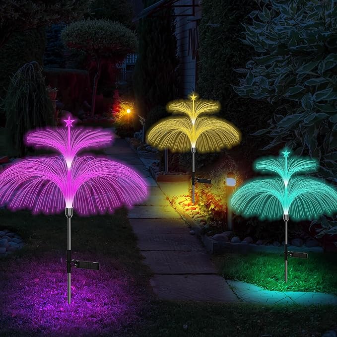 Solar Fiber Optic Double Layer Jellyfish Lights - Star Firework Meteor Shower Ambient Waterproof Path Lights, 7 Color Changes, Sway with The Wind, for Yard Pathway Landscape Decor (4 Pack)