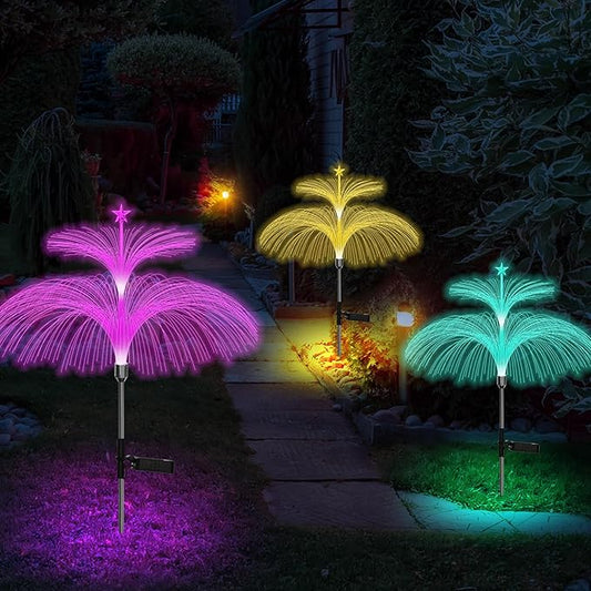 Solar Fiber Optic Double Layer Jellyfish Lights - Star Firework Meteor Shower Ambient Waterproof Path Lights, 7 Color Changes, Sway with The Wind, for Yard Pathway Landscape Decor (4 Pack)