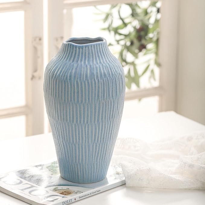 Ceramic Vase for Home Decor,11.6 Inch Flower Vases，Decorative Blue Vase for Pampas Grass，Modern Art Texture Vases for Home Entryway Living Room Dining Table Farmhouse Office Decor-Mat Blue