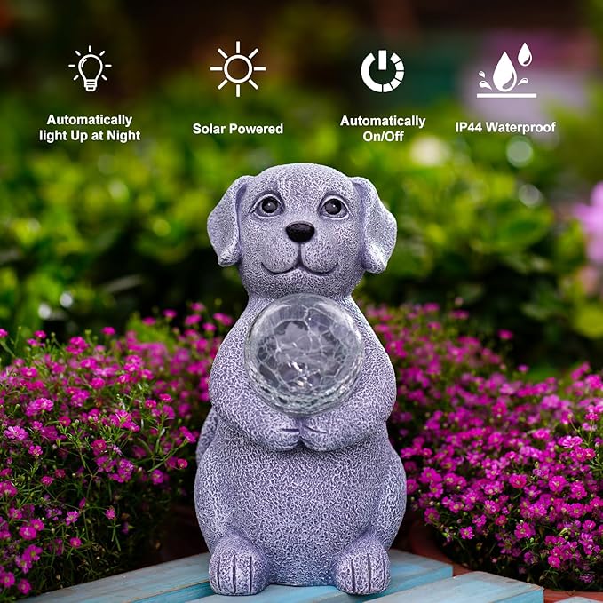 Solar Dog Garden Statues - 8.4 "Dog Decor with Gazing Ball Solar LED Lights, Unique Gifts for Mom Grandma Birthdays & Dog Lovers, Outdoor Decor for Outside Lawn Porch Patio (Gray)