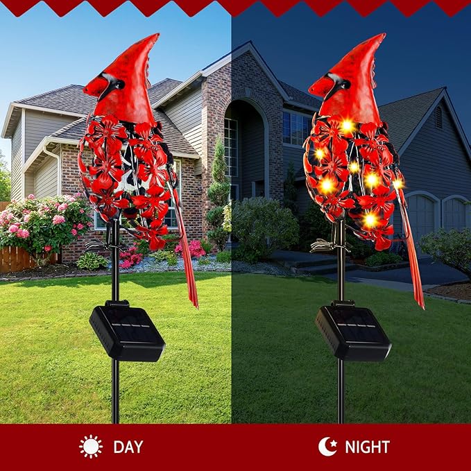 VIHOSE 2 Pcs Cardinal Gift Decor Cardinal Solar Lights for Outside Garden Stake Metal Red Bird Solar Lights Gift Outdoor Stake Grave Patio Yard Lawn Porch Cemetery Decoration for Mom Grandma Women