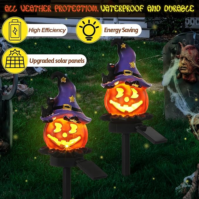 Retisee 2 Pcs Halloween Pumpkin Pathway Solar Lights Orange Jack O Lantern Stake Lights for Outdoor Halloween Decorations Yard Display LED Front Porch Decor(Witch Hat Pumpkin)