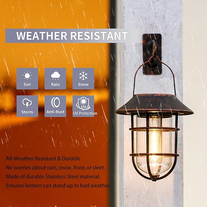 Solar Lantern Outdoor Hanging Solar Lights, Waterproof Metal Solar Outdoor Lights with Clear Glass, LED Edison Bulbs Cordless Decorative Aluminum Wall Lantern with Hooks, Bronze