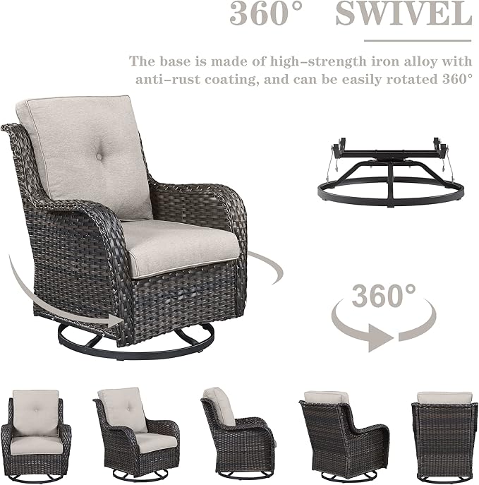 5 Piece Outdoor Patio Furniture Set - Wicker Furniture Patio Conversation Set, Outdoor Swivel Rocker Chairs with Loveseat Sofa and 2 Ottomans for Small Space, Beige Cushion