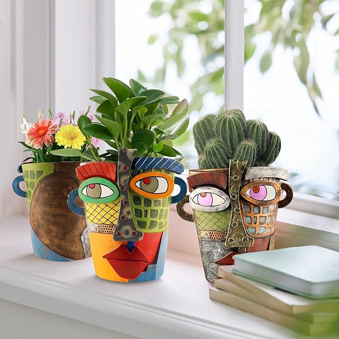 Brutalist Abstract Face Planters Pots Head, Unique Abstract Flower Pot, Funny Planters Decoration Flower Resin Face Flower Pot for Indoor and Outdoor Plants Colorful Funny Room Decor (Retro)