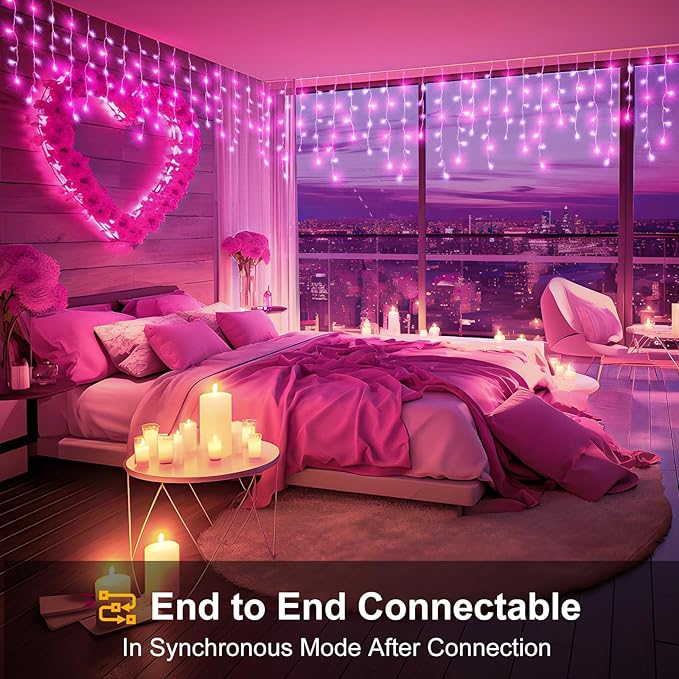 33ft Icicle Lights for Outside, Pink Christmas Lights Outdoor Waterproof for House, 400 LED Twinkle Light with 75 Drops Clear Wire Short Curtain Lights for Room Home Wall Indoor Decorations