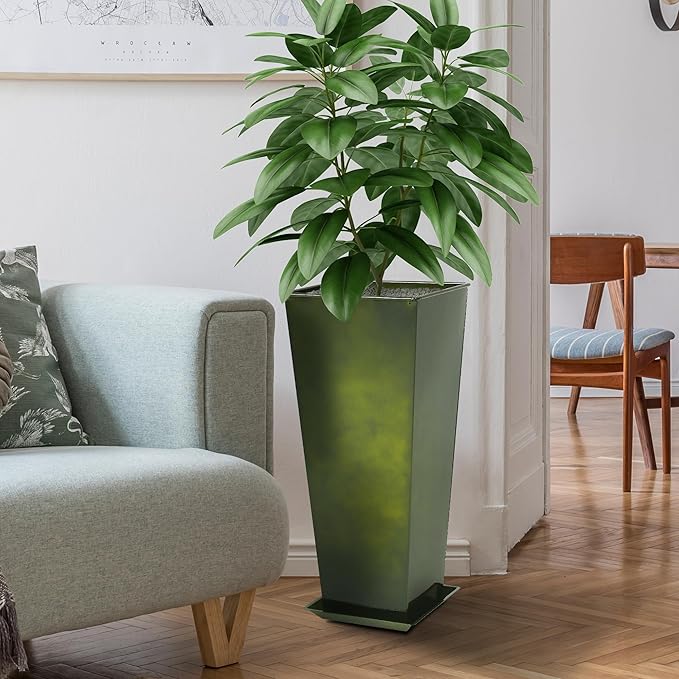 KOL Galvanized Steel Planter 25''H. with Saucer, Bright Glazed Planter with Drainage Hole, Set of 2, Tall Pots for Indoor & Outdoor Use, Decorative Flower Plant Pots for Porch, Patio, Deck - Green