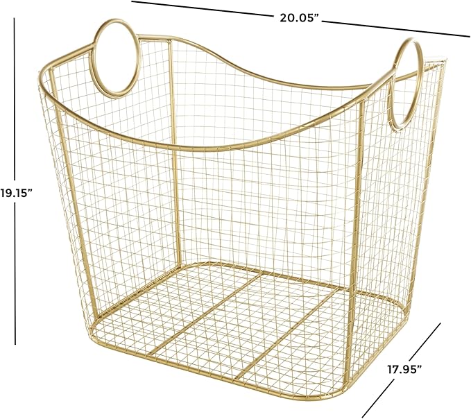 Deco 79 Metal Decorative and Functional Storage Basket Deep Basket Organizer with Round Handles, Basket for Storage 20" x 18" x 19", Gold