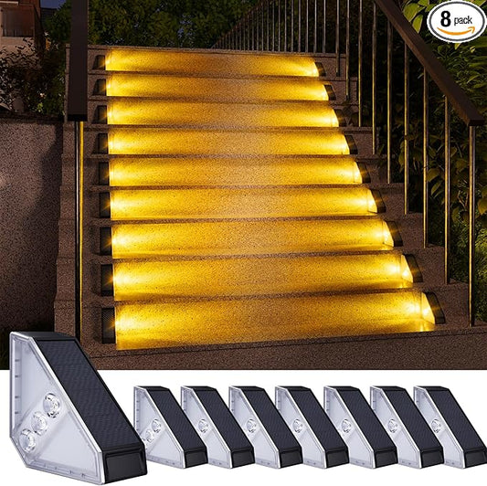 KINKAI Solar Step Lights for Outside, 8 Pack Triangle Stair Light Outdoor Waterproof Deck Lighting for Garden, Patio, Yard, Front Door, Porch Decor (Warm Light)