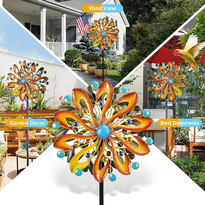 Wind Spinners for Yard and Garden-Wind Sculptures & Spinners 75 in Garden Kinetic Art with Solar Powered Multi-Color Glass Ball Light for Yard Garden Backyard Lawn Decorations