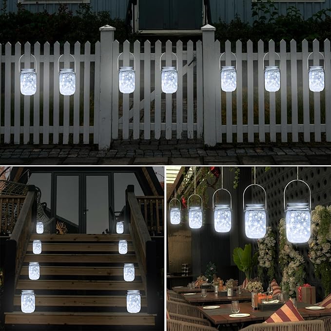 SmilingTown Solar Mason Jar String Light Lids 12 Pack 30 LED Fairy Firefly Inserts Lighting with 12 Hangers Waterproof for Outdoor Tree Patio Lawn Garden Decor, No Jars (Cool White)