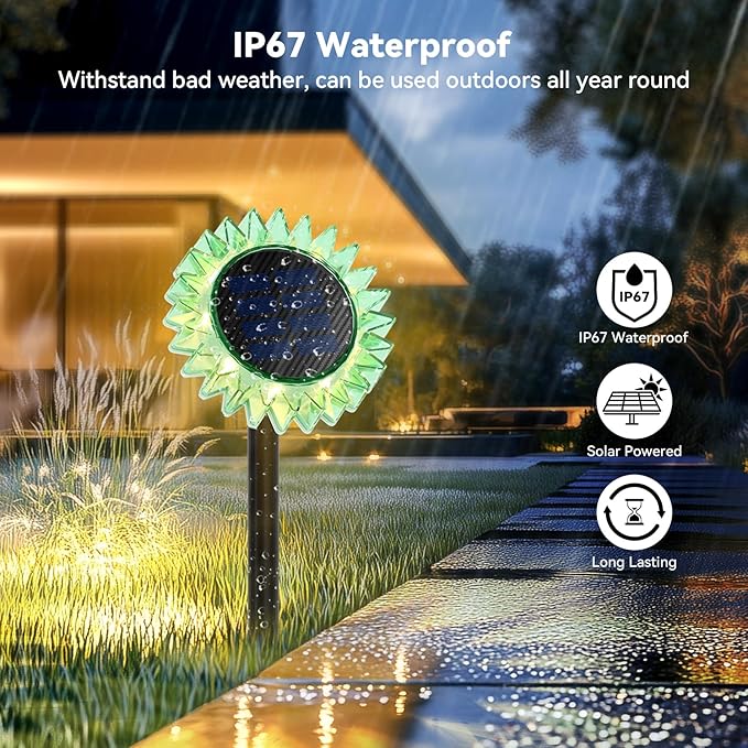 Outdoor Solar Lights, 6 Pack Led Solar Sunflower Lights, Stake/Wall 2-in-1 Waterproof Solar Garden Lights for Yard, Landscape, Fence, Patio, Driveway, Pathway, Backyard Decoration (Warm White)