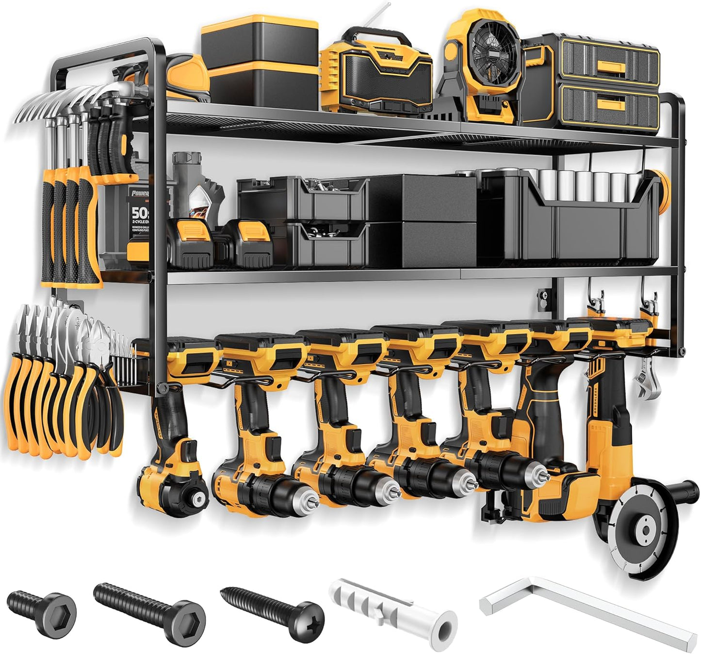 LBT Power Tool Organizer Wall Mount - 3 Layer Heavy Duty Tool Storage Rack with 7 Cordless Drill Holders, Loads 160Lbs Utility Rack for Garage, Workshop, Shed - Cool Gifts for Men, Dad, Husband