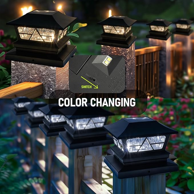 TW SHINE 4 Pack Solar Outdoor Fence Post Lights, 2 Modes Post Cap Lights Waterproof Color Changing Warm White/Cool White for Yard, Garden, Porch, Patio Decor, for 4x4 5x5 6x6 Wood Posts