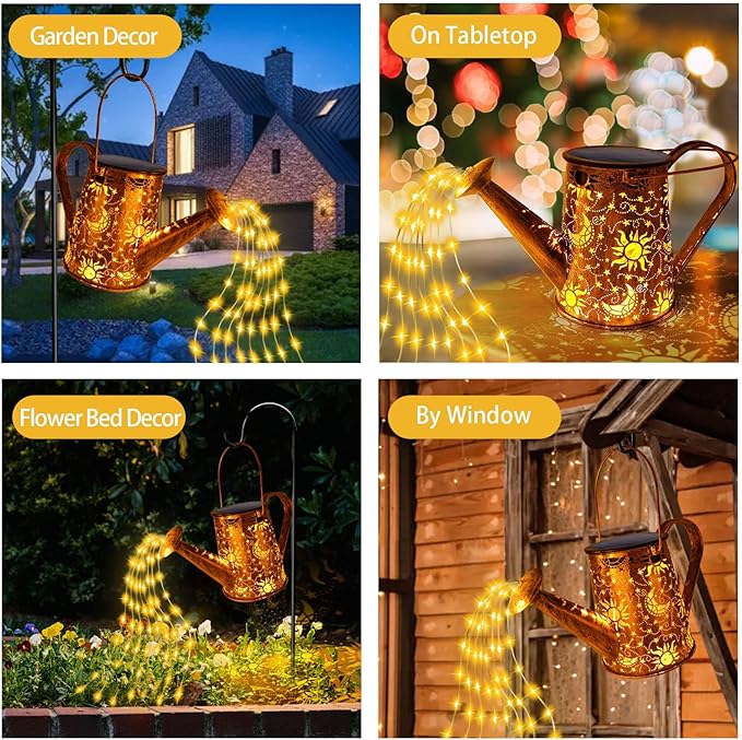 Solar Garden Lights Outdoor, Solar Watering Can Lights Garden Decor Gifts for Grandma Mom, Sun Moon Waterproof Hanging Lantern with String Lights, Yard Decoration for Patio Porch Lawn Backyard Pathway