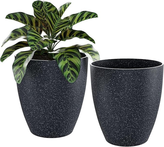 QCQHDU Plant Pots Set of 2 Pack,10 Inch Plant Pot for Indoor and Outdoor Plants with Drainage Hole,Flower Pots Modern Decorative Planter for Garden Plants (Black)