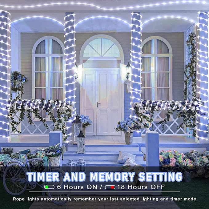 Rope Lights for Outside, 66FT 200 LED Christmas String Lights with Waterproof 8 Modes, Flexible and Connectable Plug in Fairy Light for Outdoor Indoor Patio Pool Garden Party Holiday Decor, White
