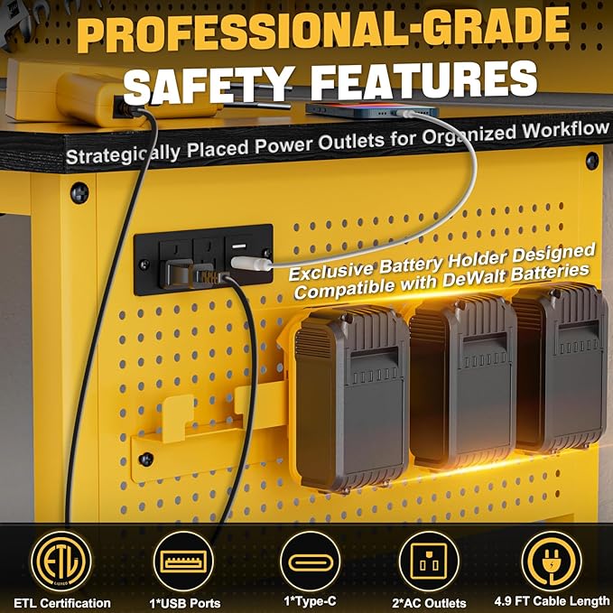 47" Heavy Duty Adjustable Workbench with Power Outlets, Pegboard & Locking Wheels - 2100LB Capacity Garage Work Table, Compatible with DeWalt Battery, Reinforced Steel Frame for Workshop & Home Use