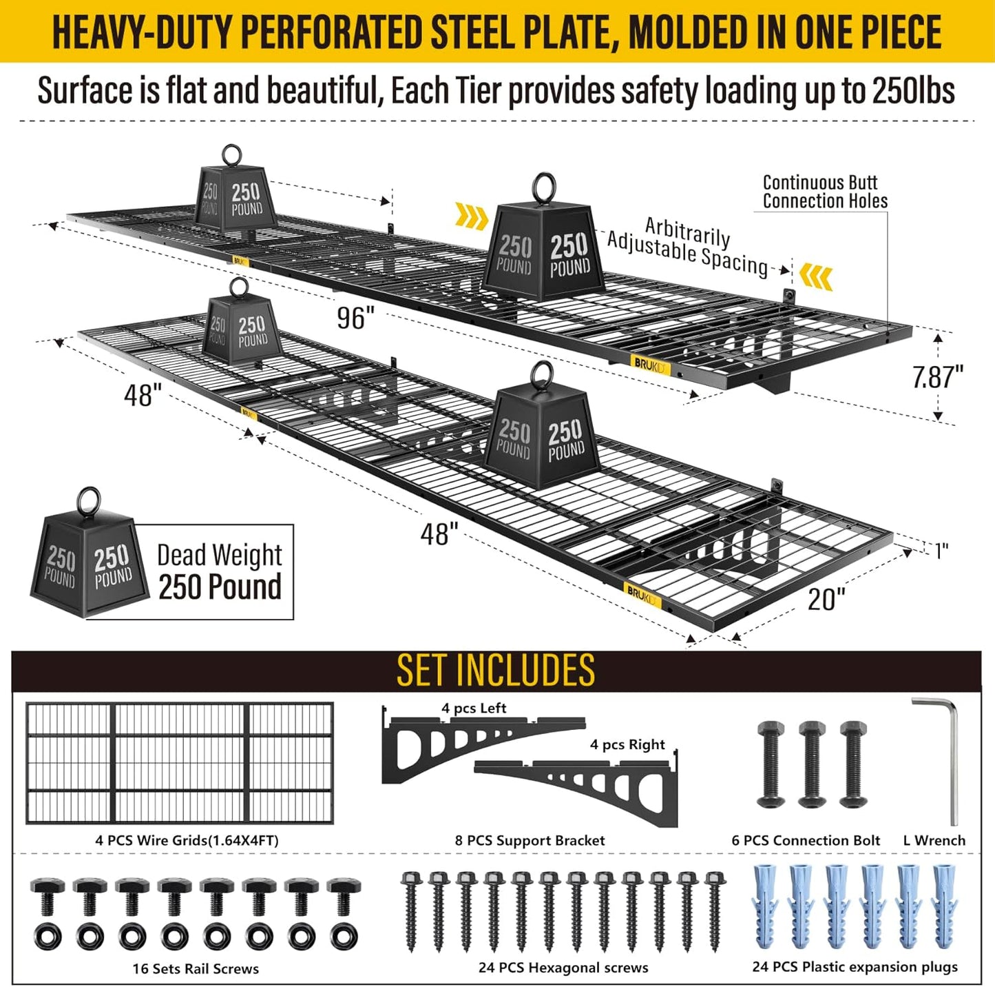 1.64x4ft Adjustable Rail Wall Garage Storage Shelf, for Tool Room, Storage Room, Store Supermarket Wall Storage Shelving Rack (4 Pack-Black)