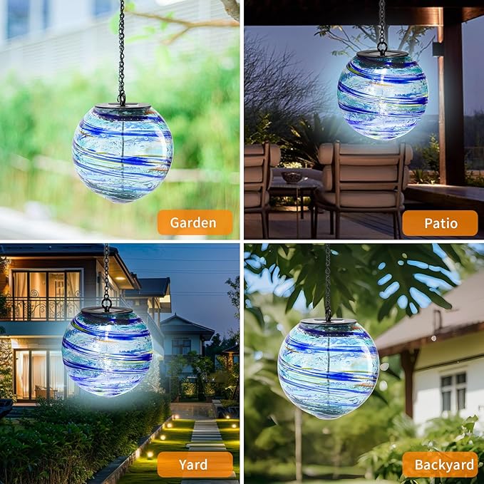 VCUTEKA Solar Chandelier Outdoor, Hanging Glass Solar Light with Hook Up, Garden Lanterns Decor for Yard, Tree and Patio, Starry Blue