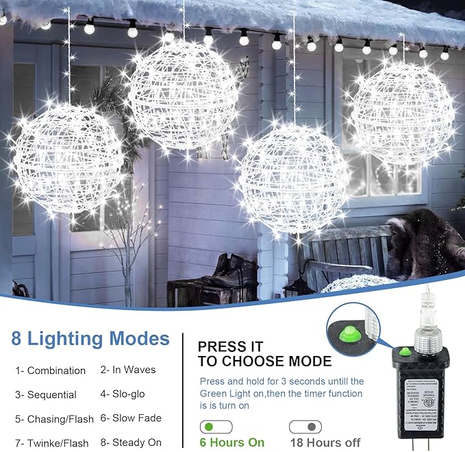 Christmas String Lights Outdoors,4 Pack 15.74" Sphere Lights,Ball Tree Garden Globe Lights for Home, Party, Christmas, Porch Patio,Wedding, Garden,Tree Decoration with Plug