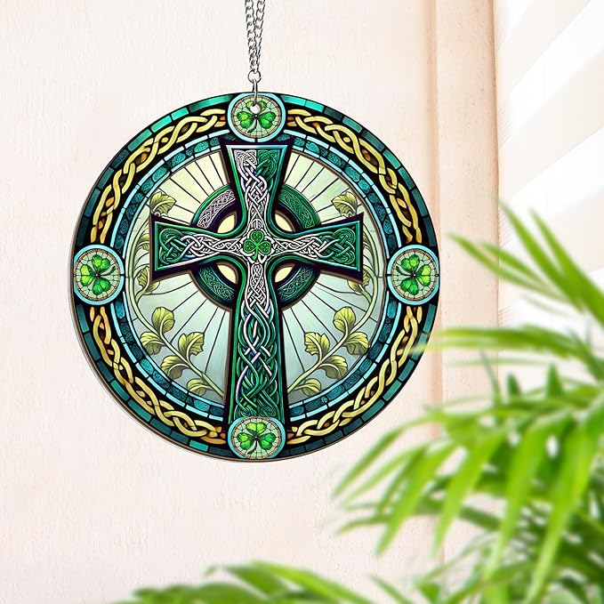St Patricks Day Decorations - Irish Gifts for Men Women Friends Family, St Patricks Day Accessories, Celtic Cross Home Decor - Double Layered Hanging Suncatcher 8 in