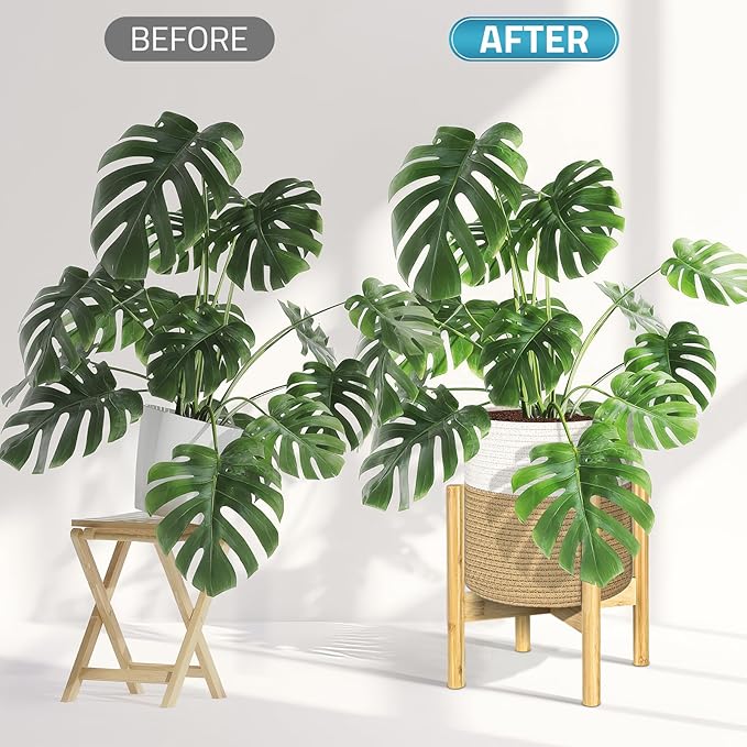 PAULINN Plant Basket with Stand 11" x 11", Woven Basket with Bamboo Plant Stand, for Indoor Plant, Fits Up to 10 Inch Plant Pots, White and Beige