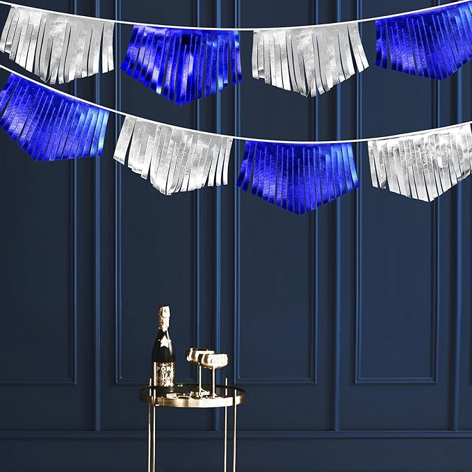 Royal Blue Silver Tassel Banner Metallic Fabric Pennant Bunting Flag for Graduation Birthday Retirement Bachelorette Engagement Wedding Bridal Shower Navy Nautical Ahoy Achor Party Decoration Supplies