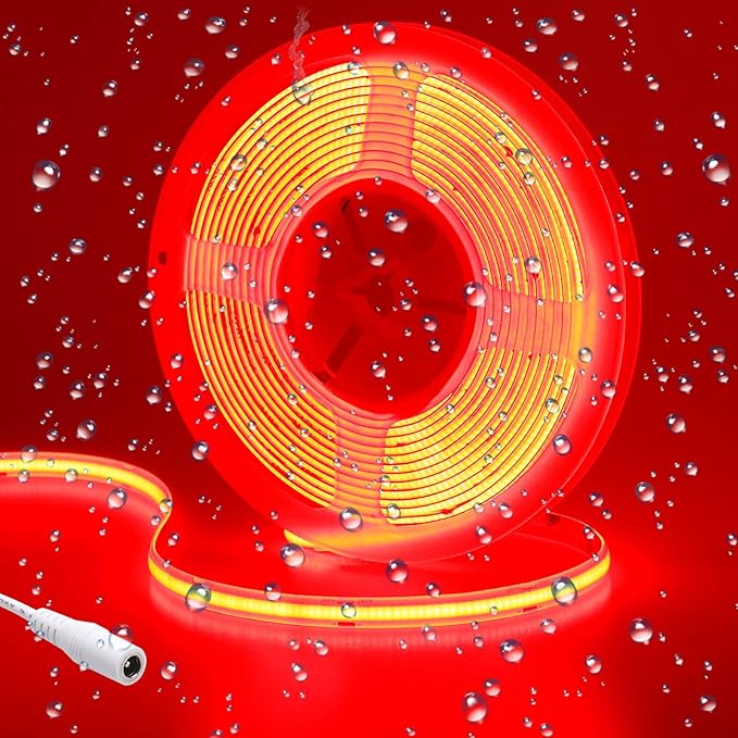 DC 24V COB LED Strip Light Red IP65 Waterproof 5M/16.4ft Uniform Glow 2400LEDs Flexible LED Tape Lights for DIY Garden Backyard Hallways Stairs Decor(No Power Supply)