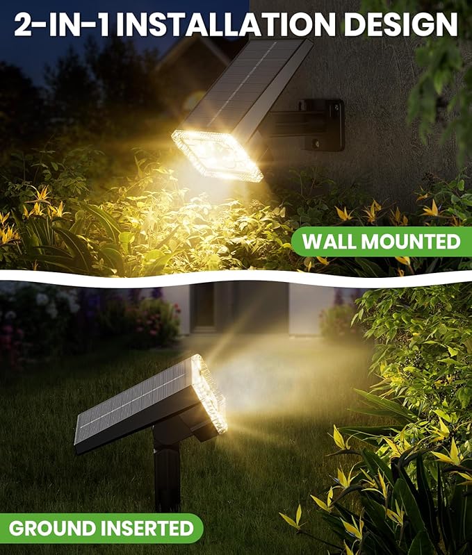 Solar Spot Lights Outdoor Waterproof IP67, 58 LED 3 Lighting Modes Solar Flood Lights, 2-in-1 Wall Light for Tree Yard Garden Pathway (Warm White, 1 Pack)